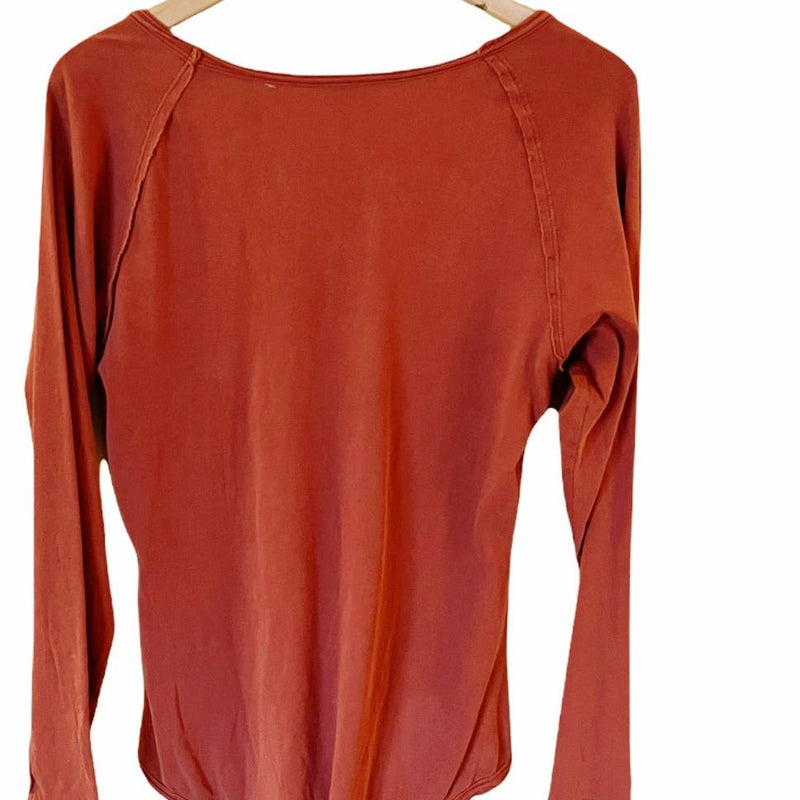 FREE PEOPLE Bodysuit Long Sleeves Burnt Orange Scoop Neck Cotton Raw Hem NWOT