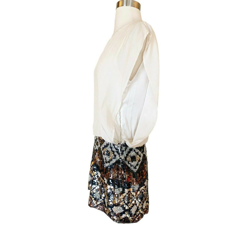 Cocktail Silk Dress Ivory Blouson Embellished Sequins Skirt Multimedia Large NWT