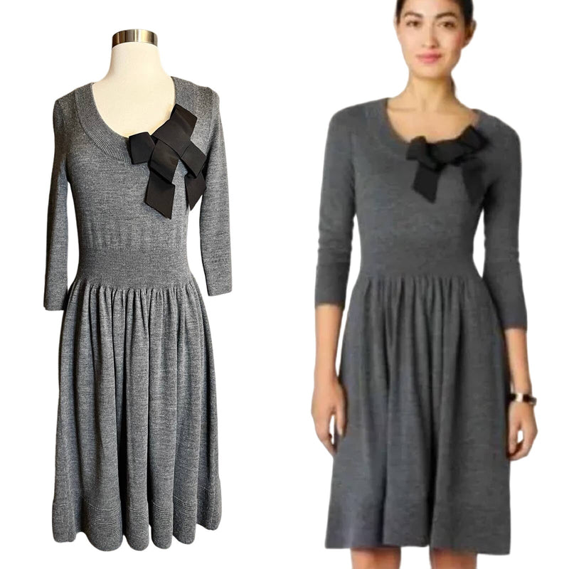 KATE SPADE Charlie Bow Wool Sweater Dress Gray Black Round Neck Knit Small EUC