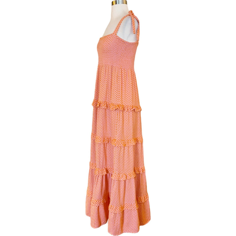 CECILIE COPENHAGEN Mina Dress Long Tiered Maxi Embroidered Tangerine Large NWT