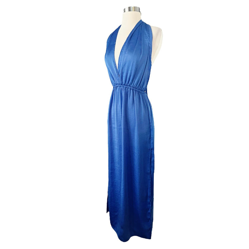 T. ZOVICH Blue Maxi Dress Satin Halter Ties Multiway Lightweight Ties Small NWT