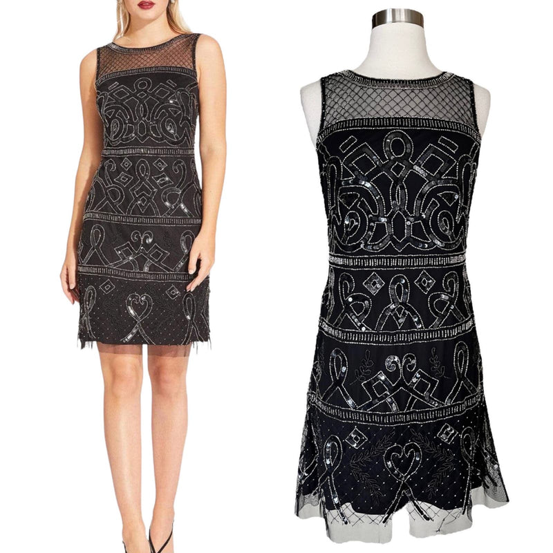 ADRIANNA PAPELL Black Dress Beaded Illusion Sheath Cocktail Mini A-Line 6 NWT