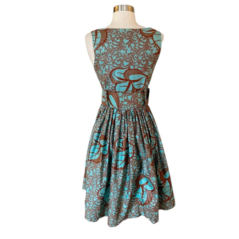 SIKA Floral Midi Dress Fit and Flare Belted Sleeveless Teal Brown Cotton Small