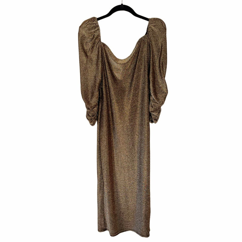 REFORMATION Rahm Dress Gold Shimmery 3/4 Sleeves Puff Shoulders Stretchy 1X EUC