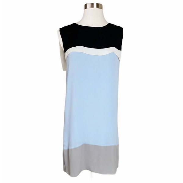 L'AGENCE Silk Colorblock Shift Dress Sleeveless Cape Neck Blue Gray Black 2