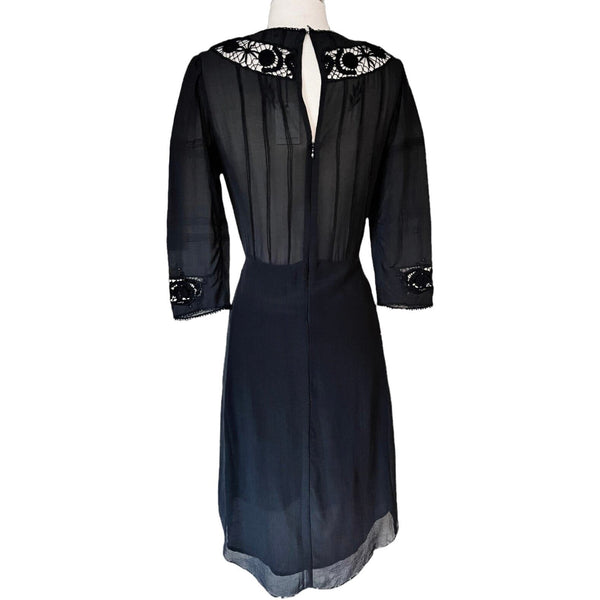 ULLA JOHNSON Priscilla Silk Dress Lace Raven Chiffon Black 3/4 Sleeves 4 NWT
