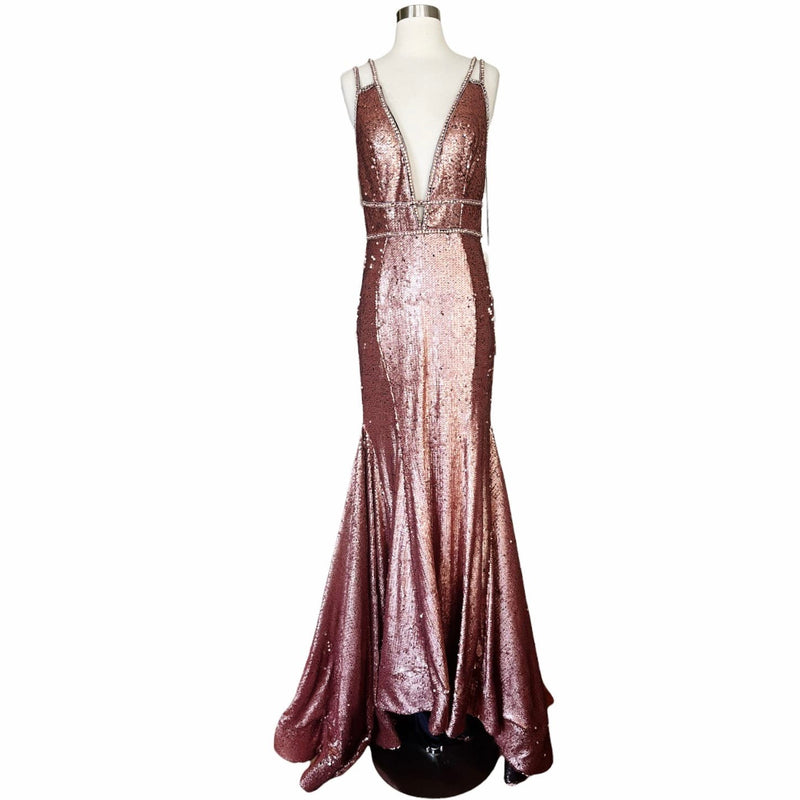 COLORS Mermaid Sequin Gown Metallic Bronze Sleeveless Evening Rhinestone 10 NWT