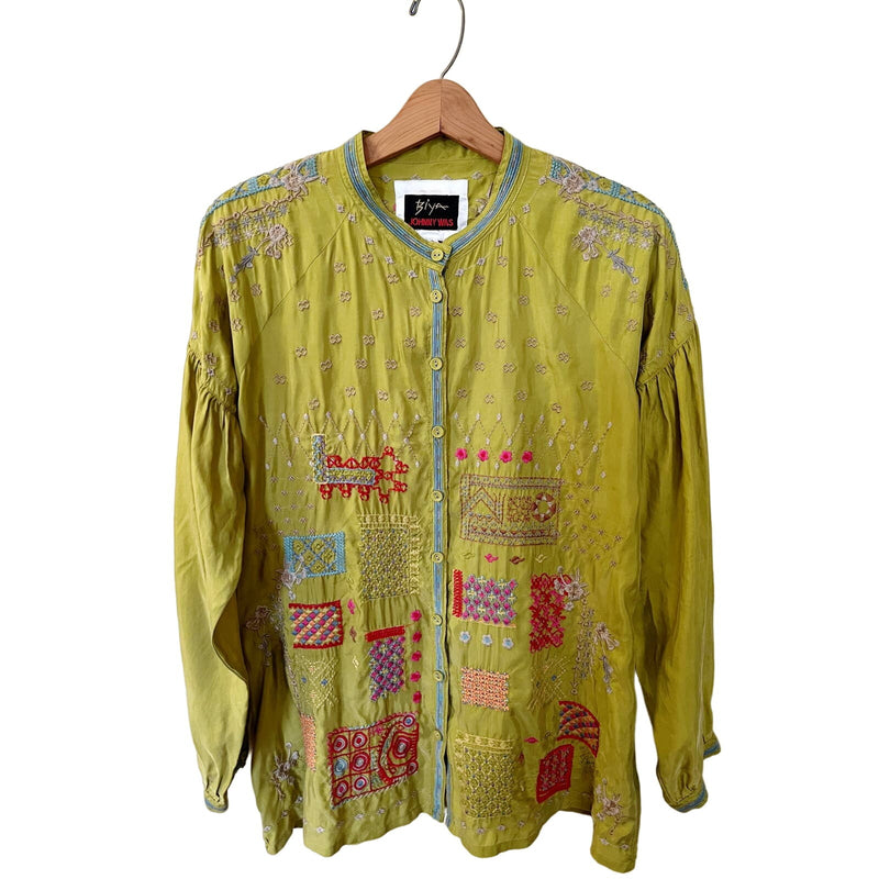 JOHNNY WAS Carpinteria Embroidered Blouse Button Up Balloon Sleeves XS Green