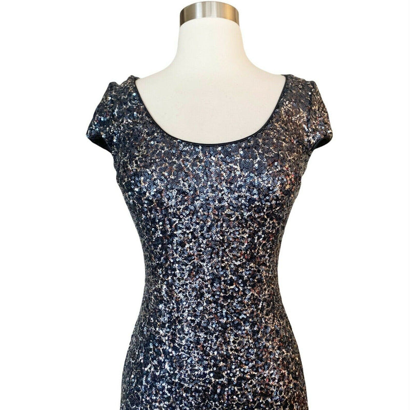 DRESS THE POPULATION Gabriella Mini Dress Sequins Stretchy Black Silver Medium