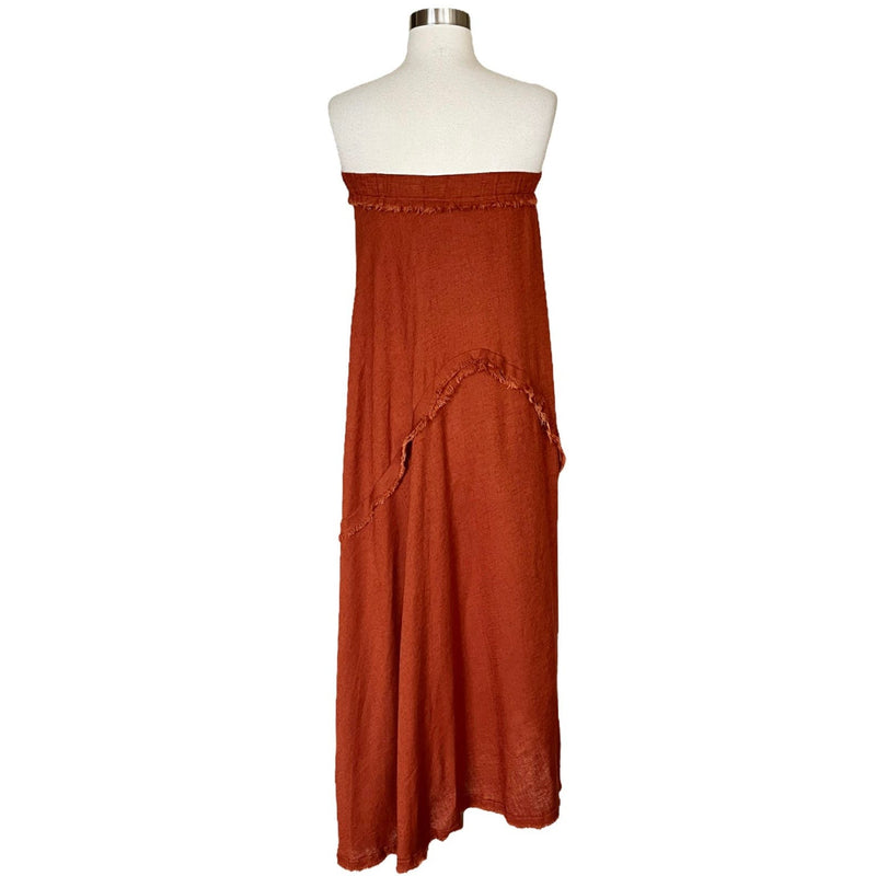 T. ZOVICH Strapless Dress Maxi Rust Brown Raw Hem Medium Boho Resort Raw Hem