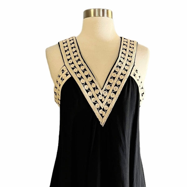 Black Swing Dress Embroidered V-Neck Cutout Back Sleeveless Medium NWT