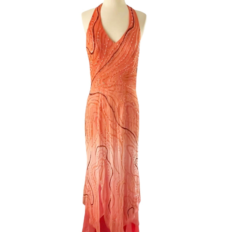 LARA Embellished Gown Ombre Orange A-Line Halter Beaded Silk Chiffon Dress 12