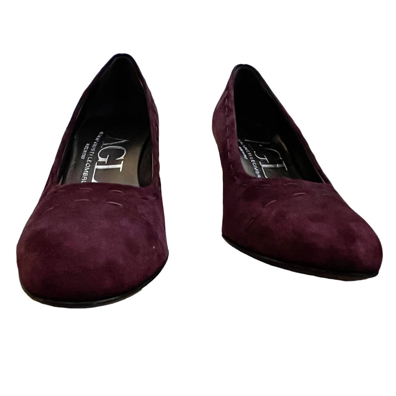 AGL Burgundy Suede Pumps Leather Round Toe Heels Shoes Italy EU 37.5 US 7 NWOT