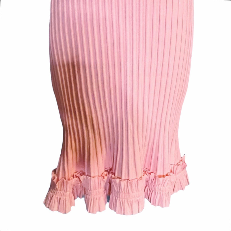 MILLY Sweater Dress Ribbed Knit Sheath Midi Cap Sleeve Off Shoulder Ruffle Pink