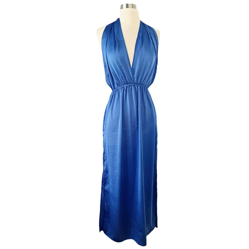 T. ZOVICH Blue Maxi Dress Satin Halter Ties Multiway Lightweight Ties Small NWT