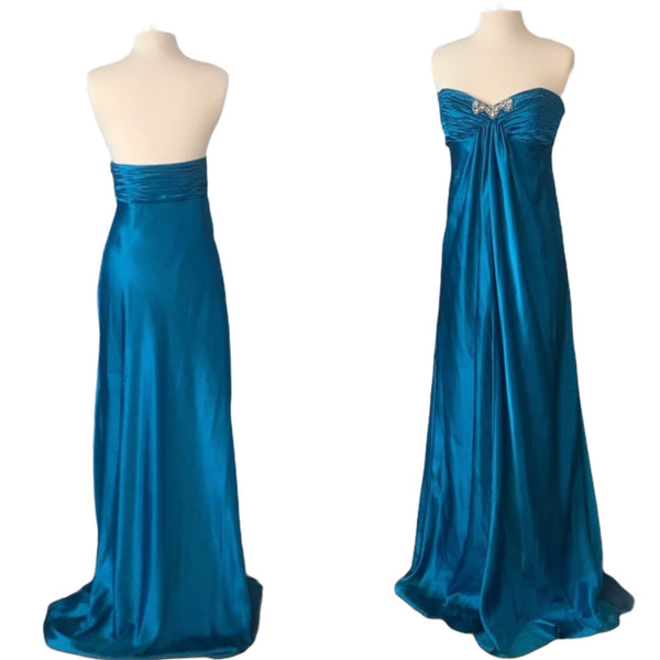 RUTH TARVYDAS Blue Satin Evening Dress Gown Bridgerton Style Ruched Bodice 10