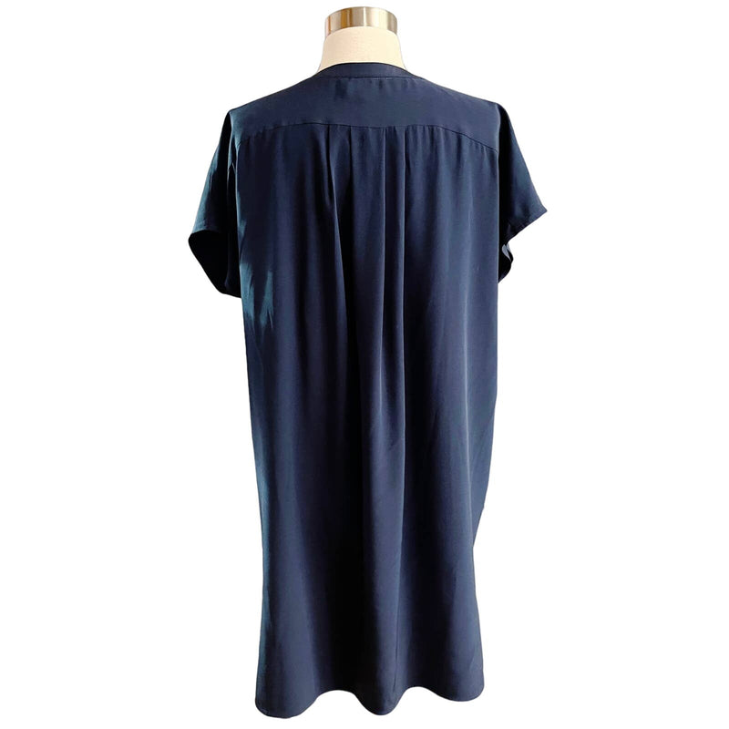 VINCE V-Neck Tunic Dress Midi Slip On Silk Short Sleeves Slip On Navy Small EUC