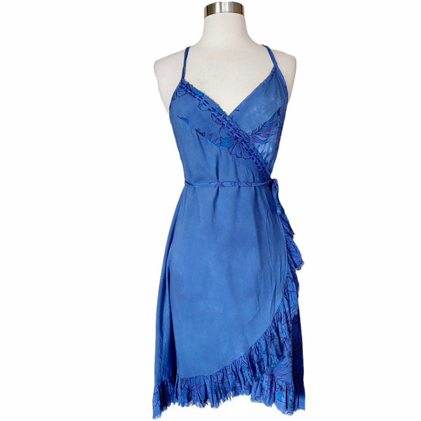 Resort Midi Wrap Dress by T. ZOVICH Cobalt Blue Sleeveless Tan Raw Hem Small