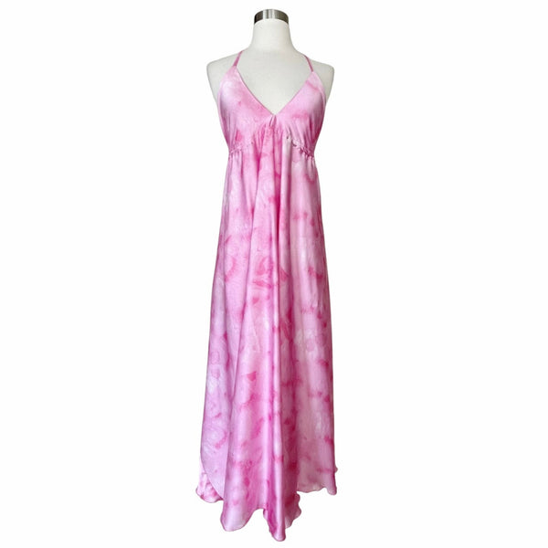 T. ZOVICH Pink Tie Dye Maxi Dress Satin Halter Lightweight Ties Open Back Medium