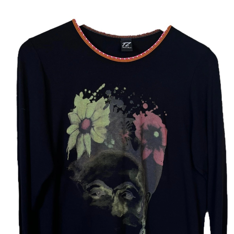 T.ZOVICH Top Abstract Frida Kahlo Graphic Print Long Sleeves Black Crew Neck XL