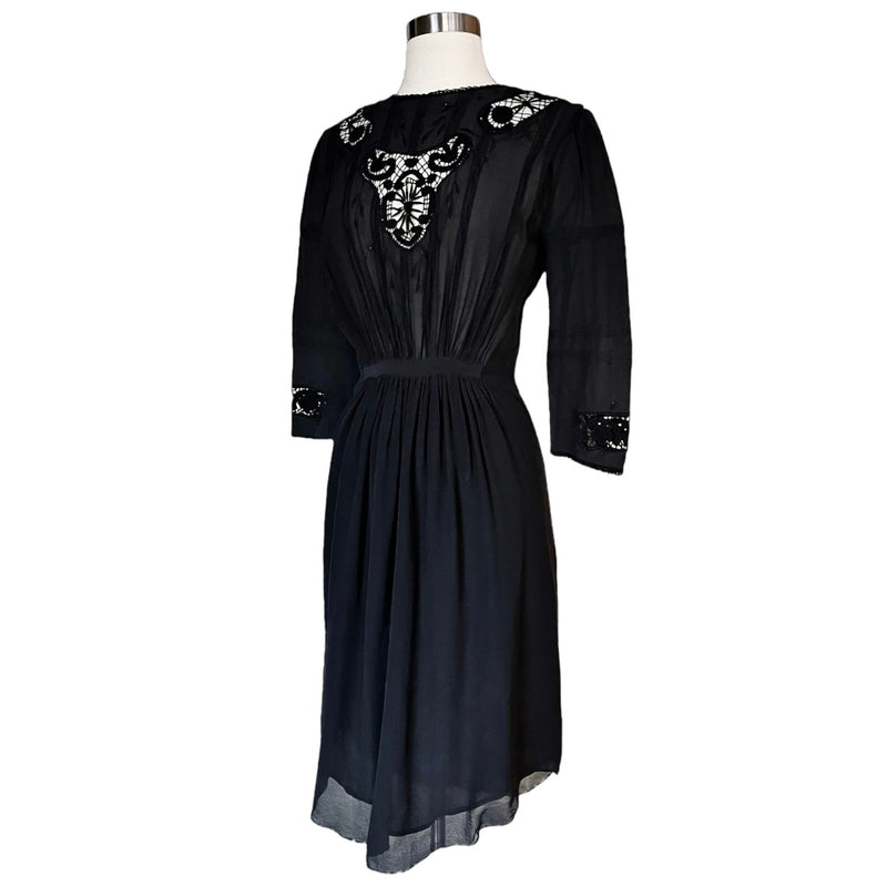 ULLA JOHNSON Priscilla Silk Dress Lace Raven Chiffon Black 3/4 Sleeves 4 NWT