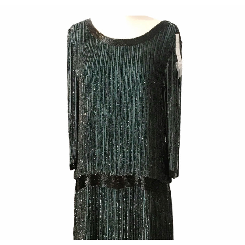 Cocktail Dress Blouson Black/Green Embellished Open Back Boat Neck Mini Medium