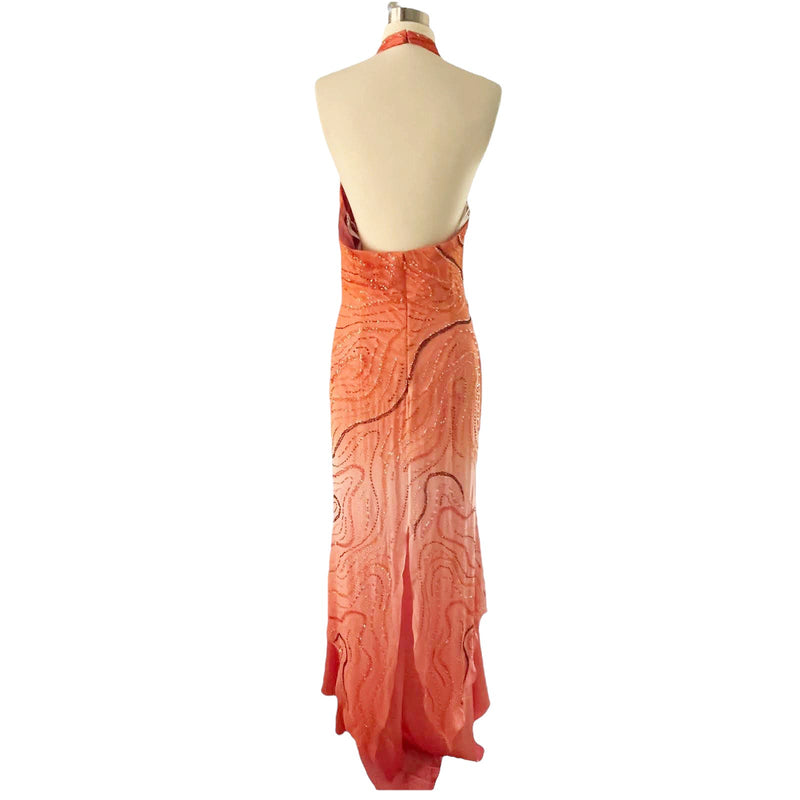 LARA Embellished Gown Ombre Orange A-Line Halter Beaded Silk Chiffon Dress 12