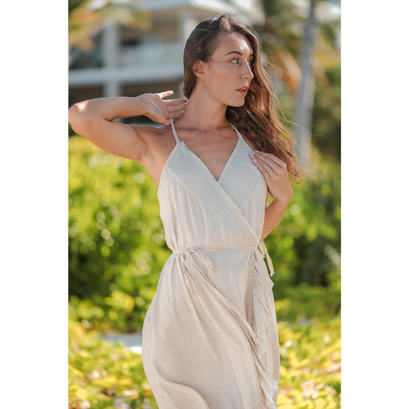 Resort Midi Wrap Dress by T. ZOVICH Linen Sleeveless Beige Raw Hem Ecofriendly