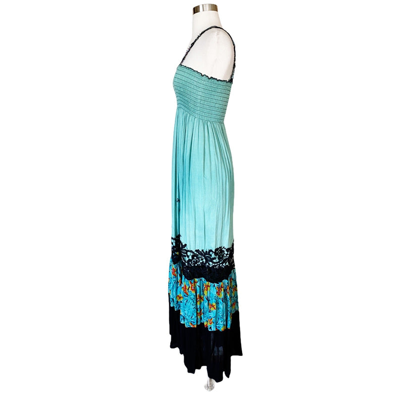Resort Dress by T. ZOVICH Maxi Dress Mixed Media Green Floral V-Neck Spaguetti L