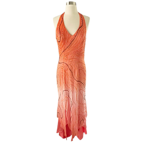 LARA Embellished Gown Ombre Orange A-Line Halter Beaded Silk Chiffon Dress 12