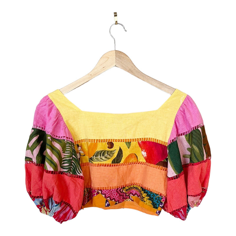 FARM RIO Tiered Top Rainbow Mixed Print Cropped Linen Multicolor Puff Sleeve Sm