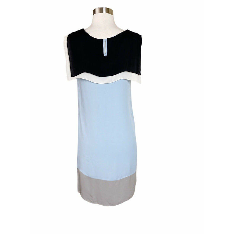 L'AGENCE Silk Colorblock Shift Dress Sleeveless Cape Neck Blue Gray Black 2