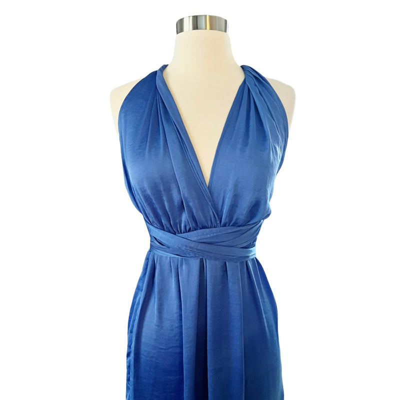 T. ZOVICH Blue Maxi Dress Satin Halter Ties Multiway Lightweight Ties Small NWT