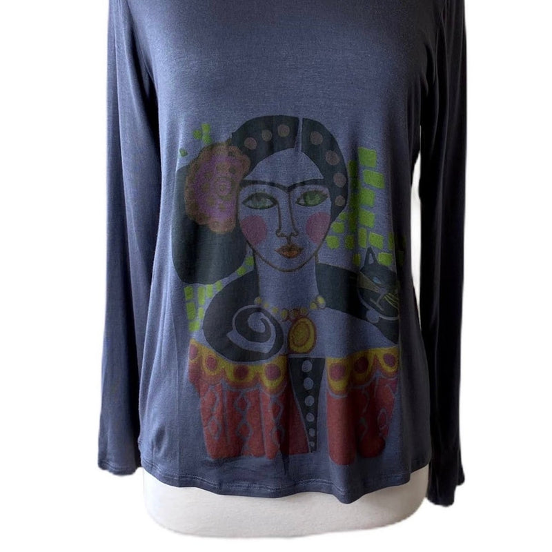 T.ZOVICH Top Frida Kahlo Graphic Print Long Sleeves Graphic Print Gray Small NWT
