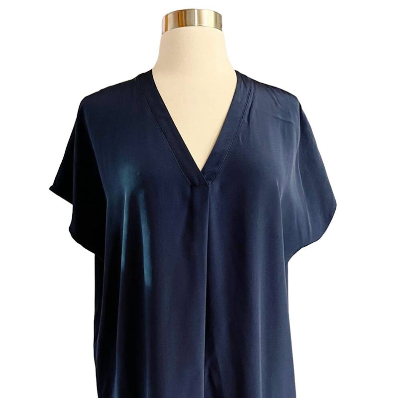 VINCE V-Neck Tunic Dress Midi Slip On Silk Short Sleeves Slip On Navy Small EUC