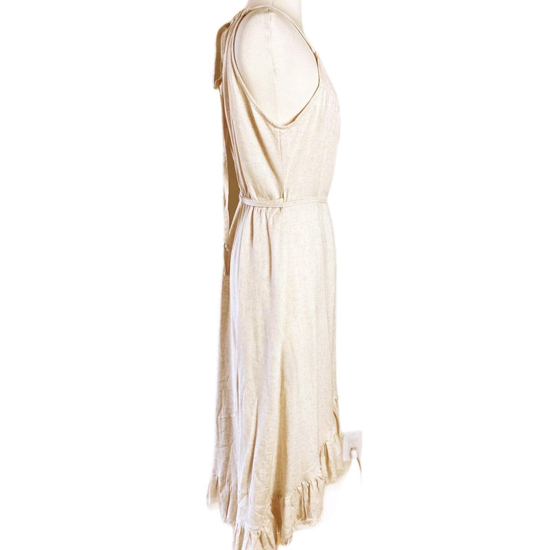 Resort Midi Wrap Dress by T. ZOVICH Linen Sleeveless Beige Raw Hem Ecofriendly