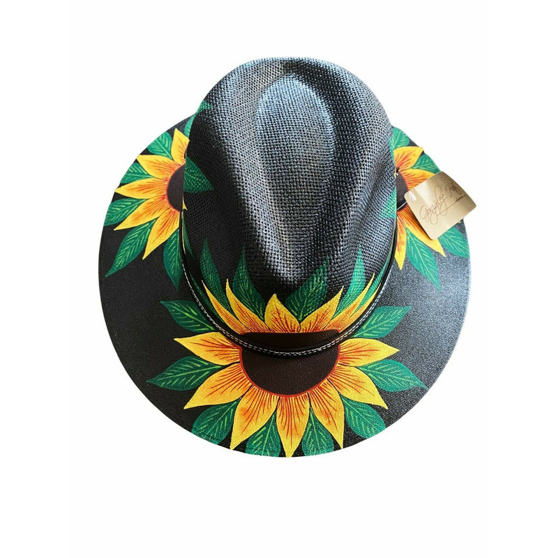 MEXICAN Artisanal Hat Hand Painted Fedora Sunflower Sombrero Panama Medium Black