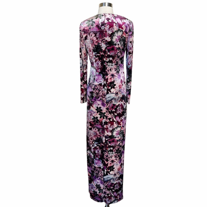 AIDAN MATTOX Velvet Dress Floral Maxi Stretch Multicolor Pink Long Sleeve 6 NWT