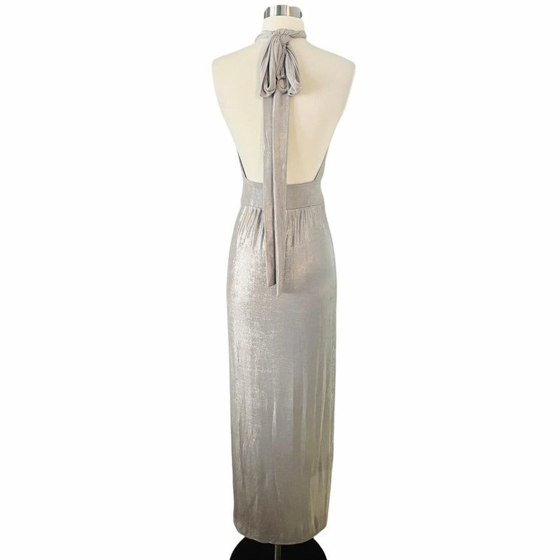 T. ZOVICH Maxi Dress Slinky Metallic Silver Multiway Halter Open Back Slits S/M