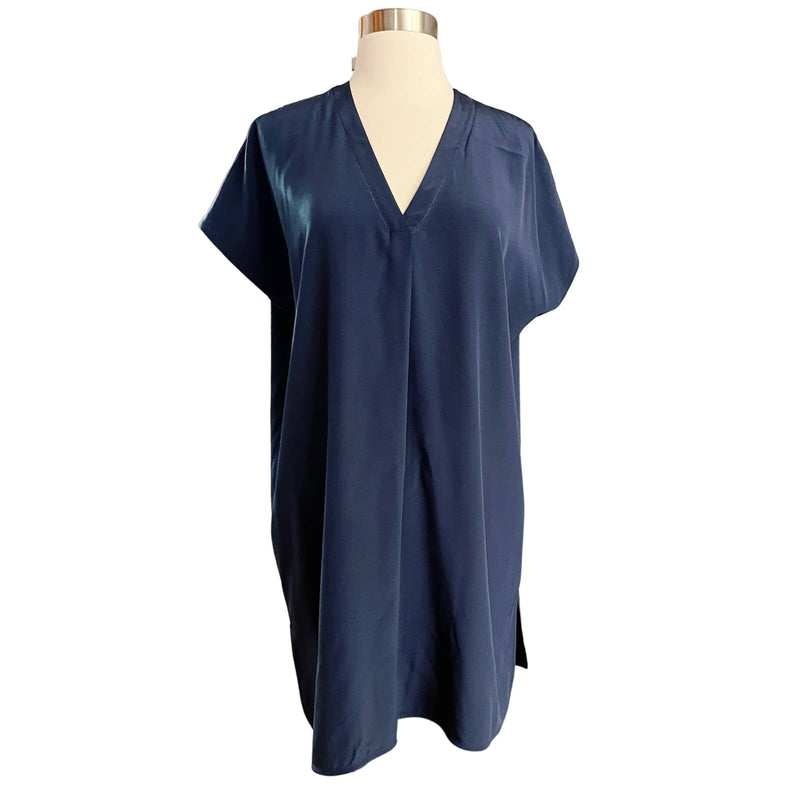 VINCE V-Neck Tunic Dress Midi Slip On Silk Short Sleeves Slip On Navy Small EUC