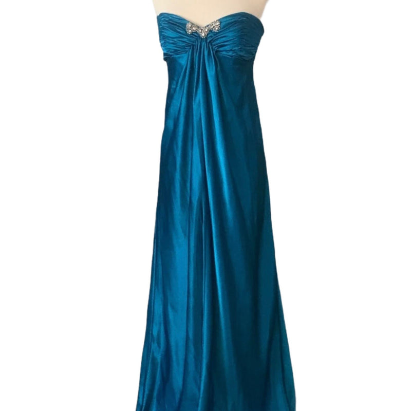 RUTH TARVYDAS Blue Satin Evening Dress Gown Bridgerton Style Ruched Bodice 10