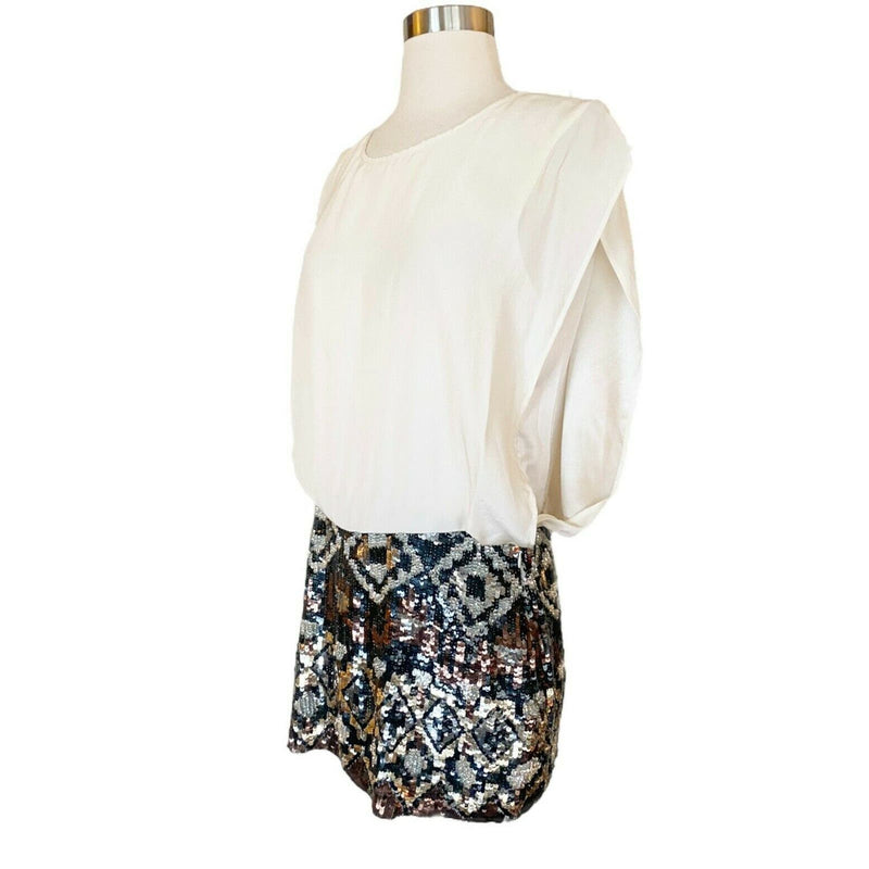 Cocktail Silk Dress Ivory Blouson Embellished Sequins Skirt Multimedia Large NWT