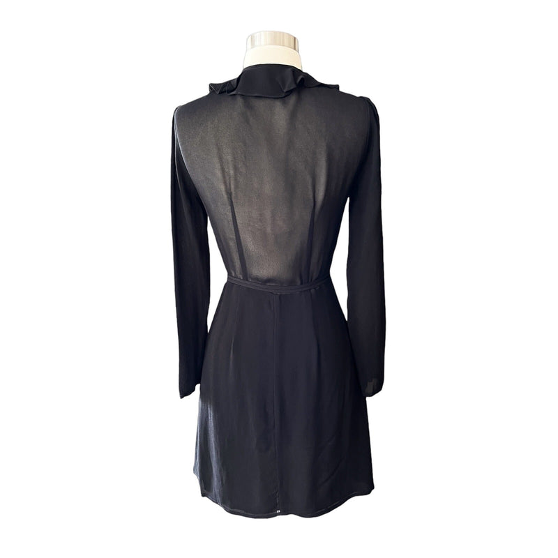 REFORMATION Mini Dress Dickinson Wrap Black Ruffle Neck Sheer Long Sleeves XS