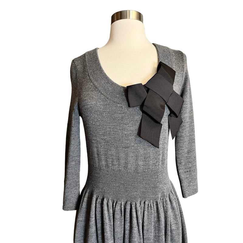 KATE SPADE Charlie Bow Wool Sweater Dress Gray Black Round Neck Knit Small EUC