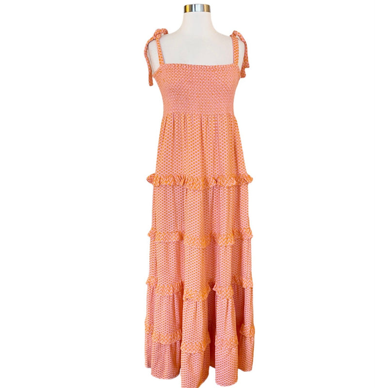 CECILIE COPENHAGEN Mina Dress Long Tiered Maxi Embroidered Tangerine Large NWT