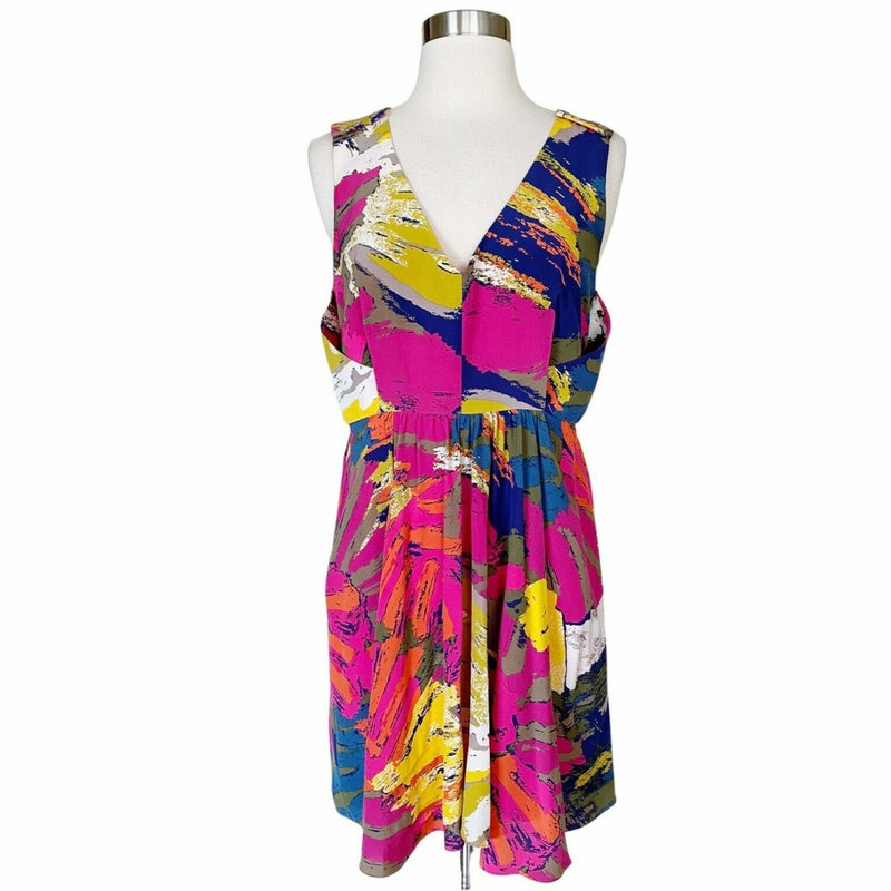 TIBI Silk Dress Bold Artsy Print Multicolor Pink Blue Sleeveless V-Neck 6 EUC