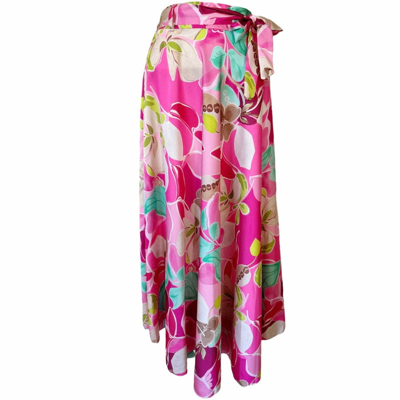 Italian Retro Inspired Maxi Skirt Floral Pink Print Elastic Waist Belt S/M NWT