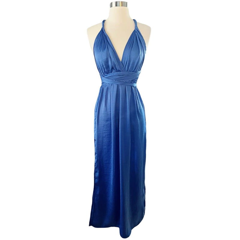 T. ZOVICH Blue Maxi Dress Satin Halter Ties Multiway Lightweight Ties Small NWT