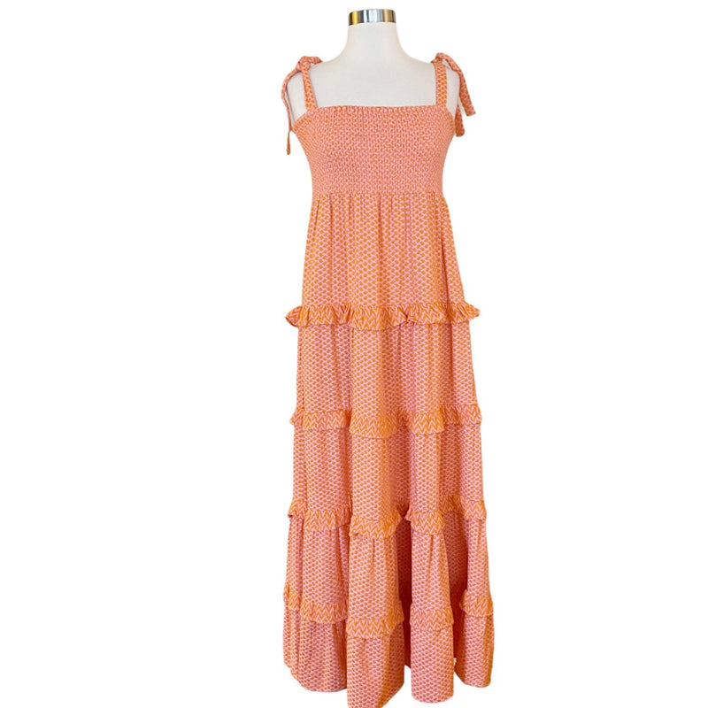 CECILIE COPENHAGEN Mina Dress Long Tiered Maxi Embroidered Tangerine Large NWT