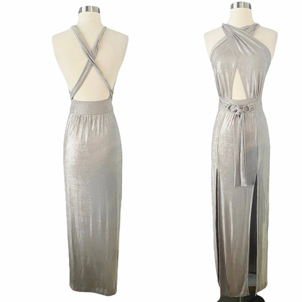 T. ZOVICH Maxi Dress Slinky Metallic Silver Multiway Halter Open Back Slits S/M